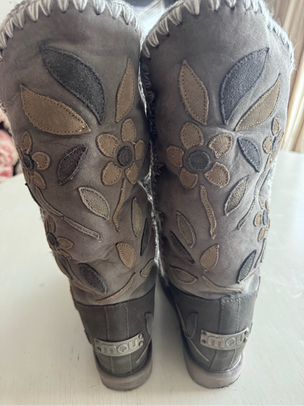 Mou Gray Suede Floral Appliqué Wedge Boots